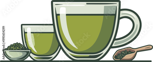 Fresh Green Tea in Ceramic Cup with Leaf for Healthy Drinks Illustration