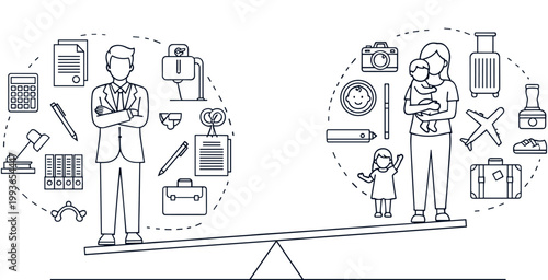 Vector illustration of seesaw showing imbalance between professional work responsibilities and family life balance