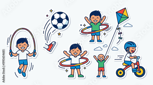 An energetic Flat Design icon set featuring various outdoor and active children's toys, perfect for themes of physical activity and play. 