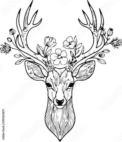 Floral deer head line art, antlers with flower pattern, thick outline, isolated on white 2