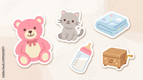 A heartwarming Flat Design icon set presenting plush and comfort children's toys, ideal for themes of baby care and infancy. 
