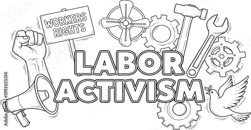 Workers rights labor activism and tools for change depicted in sketch art
