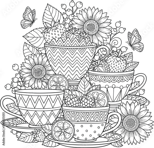 Decorative Teacups with Sunflowers, Berries, and Lemon Slices for Relaxing Tea Time Coloring Illustration