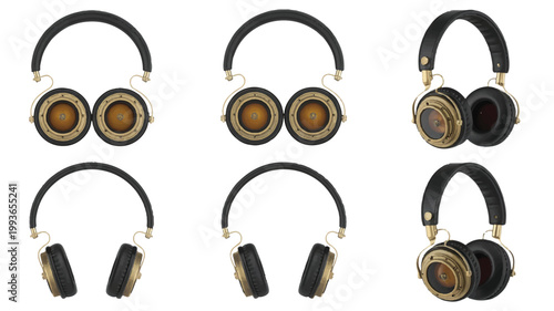 Steampunk style headphones with gold accents and brown speakers in various positions