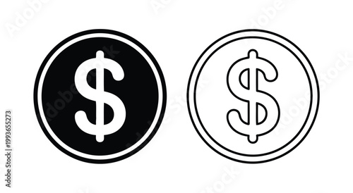 Dollar coin and money outline illustration, vector set featuring golden USA currency coin and monochrome sketch style cash symbols for business, finance, payment, market exchange, and economic design 