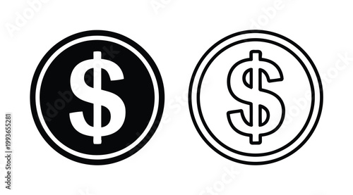 Dollar coin and money outline illustration, vector set featuring golden USA currency coin and monochrome sketch style cash symbols for business, finance, payment, market exchange, and economic design 