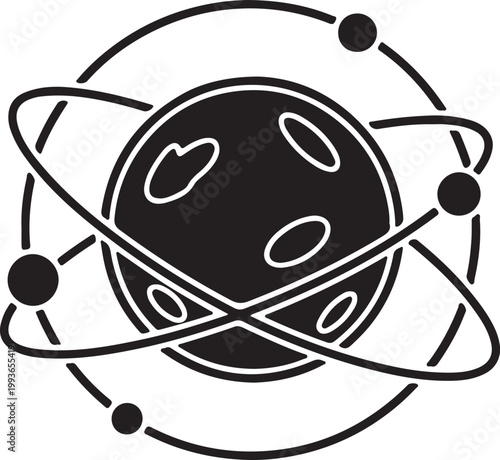 A stylized black and white illustration of a planet with orbiting electrons
