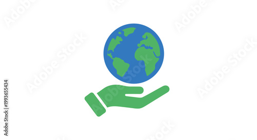 Green hand holding blue earth globe.