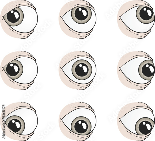 vector illustration displays nine eyes looking in different directions, showing varied gazes including front, sides, and diagonals in a minimal composition draw