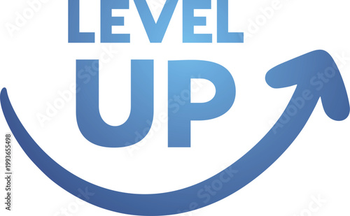 A creative vector symbol showing level up text with an upward tilted arrow representing progress draw
