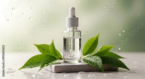 Essential oil bottle with green leaves.