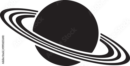 A simplified black silhouette of saturn with prominent ring system