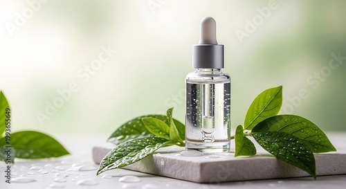 Essential oil bottle with green leaves.
