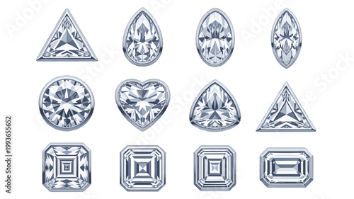 Various diamond gemstones in different shapes and cuts on white