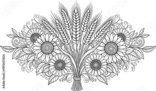 Sunflower and Wheat Bouquet Mandala Design with Detailed Floral Elements and Decorative Leaves for Nature and Relaxation Coloring Illustration