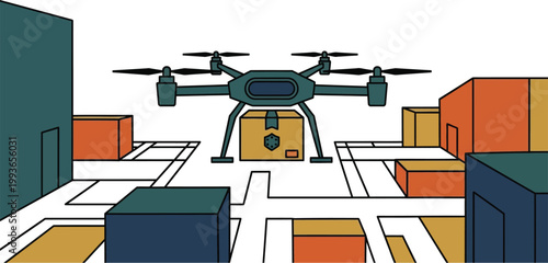 Autonomous Drone Delivering Package Over City Map Logistics and Technology Vector Design