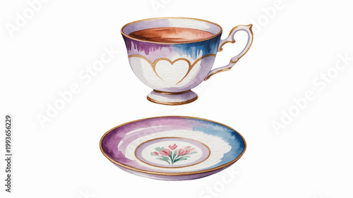 Vintage tea cup and saucer with floral design and heart pattern