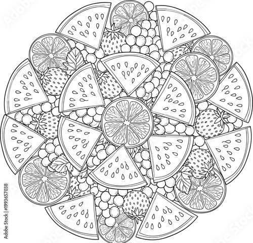 Detailed Fruit Mandala Illustration with Citrus Slices, Watermelon and Berries in Circular Composition Black and White Coloring Design