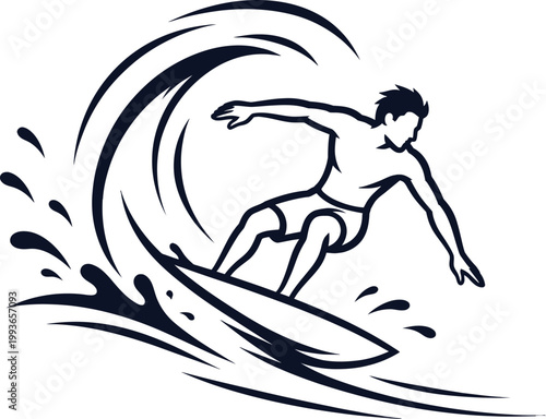 Surfer riding wave line art