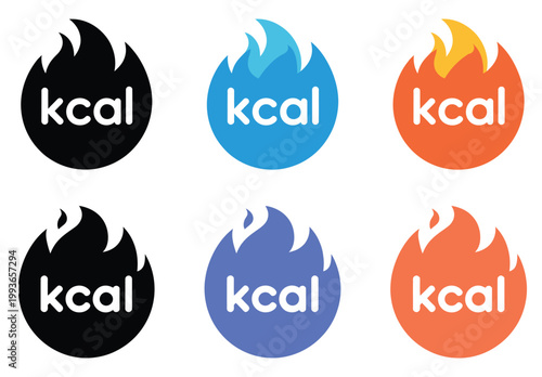 3D kcal calorie icons with flame design on colored gradient backgrounds for diet and fitness
