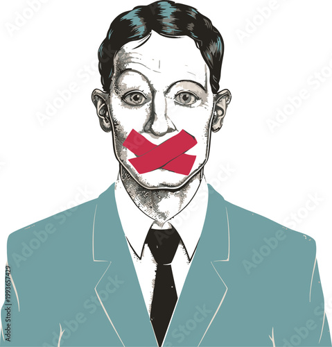 A man in a suit with tape over his mouth