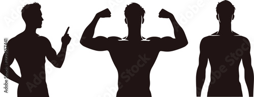 Three black silhouettes of a muscular man posing confidently