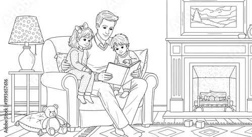 Loving father reads a bedtime story to his young daughter and son while they sit together comfortably on a soft chair in their cozy home