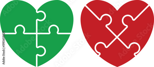 Two heart shaped puzzle pieces interlocking representing connection and love