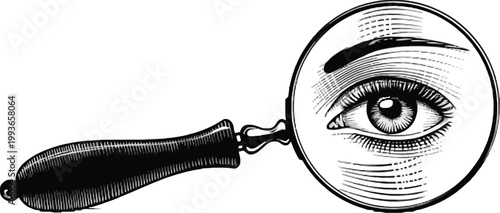 A magnifying glass focuses on a detailed eye illustration