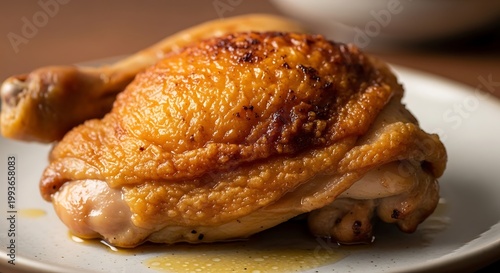 Roasted chicken on white plate closeup.