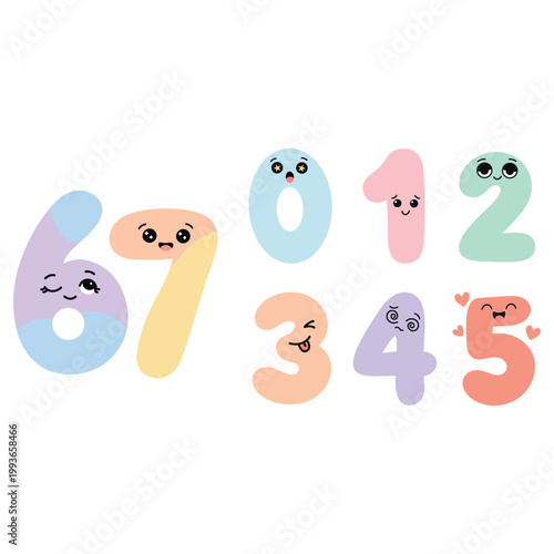 Set of cute pastel numbers with expressive cartoon faces, designed for kids learning and playful educational materials. Perfect for nursery decor, flashcards, stickers and child-friendly designs.