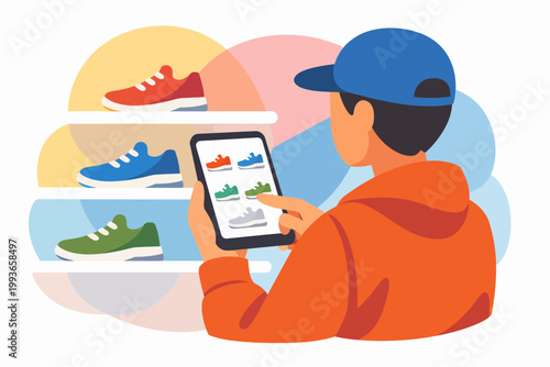 Man shopping for sneakers using a mobile tablet in a retail store