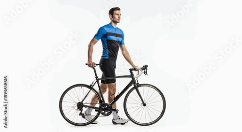 Man in blue cycling jersey standing with black bicycle