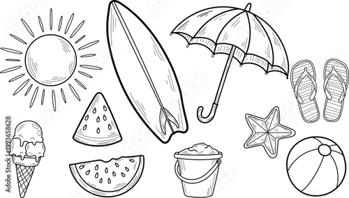Summer Beach Icons Set Sun Surfboard Umbrella Ice Cream Ball Fun.