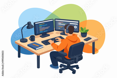 Software Developer Working at Desk with Dual Monitors Illustration