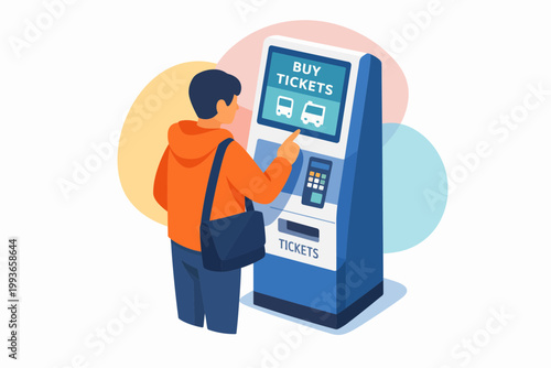 Man buying bus or train tickets at an automated kiosk machine