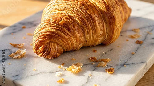 Φωτογραφία Golden crispy croissant on marble board with crumbs