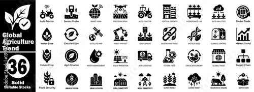 Global agriculture trends solid icon pack. Smart farming solutions, including sensor probes, satellite maps, and supply chain logistics for modern industry.