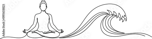 Continuous line drawing of a person meditating in a lotus pose, illustrating inner peace and mindfulness amidst life's challenges, with a flowing wave symbolizing calm resilience.