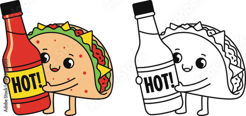 Cute Cartoon Taco Hugging a Hot Sauce Bottle Spicy Mexican Food Friend Illustration