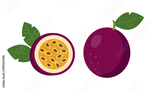 Passion fruit. Vector illustration of whole and half passion fruit with green leaves. Exotic tropical maracuja with seeds and pulp isolated on white background. Design for food and health concepts