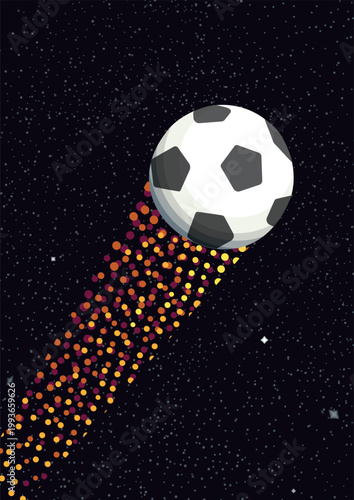 Soccer ball depicted as a shot aimed upwards with a colored trail against a starry sky background.