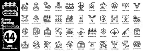 Green farming technology line icons pack. Modern agricultural innovation, sustainable practices, smart agriculture, and digital farm management tools.