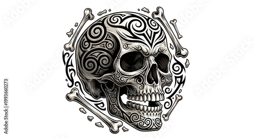 Ornate Skull with Swirls and Bones, Tribal Tattoo Design