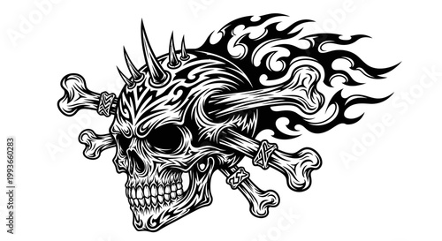 Scary Skull and Crossbones with Flames and Spikes - Tattoo Design Element