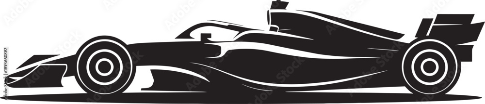 Fototapeta premium Stylized black silhouette of a modern formula one racing car side view on white background vector graphic.