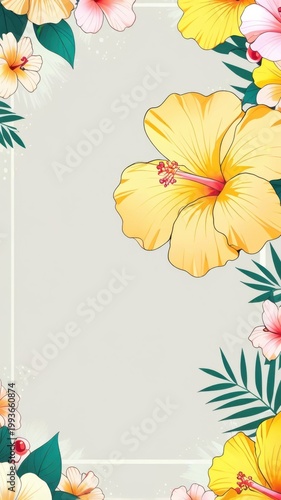 Anime Pastel Hibiscus Frame With Tropical Blooming Floral Border in Yellow and Pink