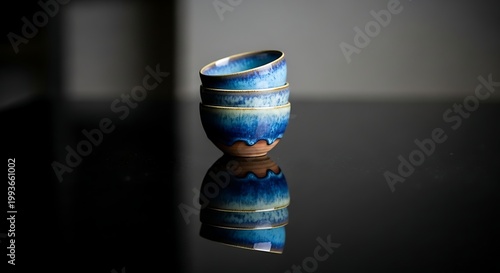 Stacked Blue Ceramic Bowls with Reflections on a Dark Surface.