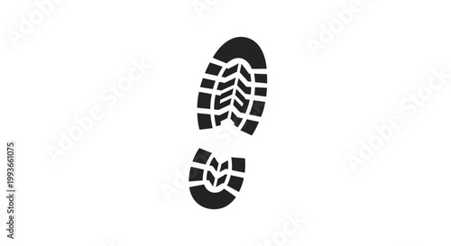 Black boot footprints on ground.