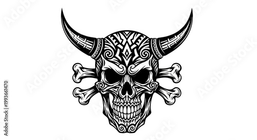 Tattoo Style Skull with Horns and Crossbones, Tribal Design